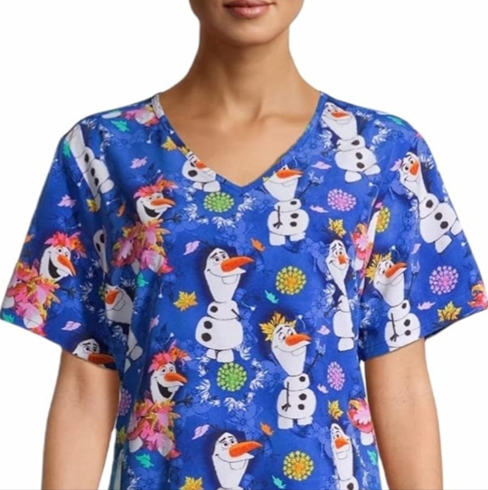 Women's Frozen Olaf Flakes V-Neck Print Scrub Top Blue Sz M